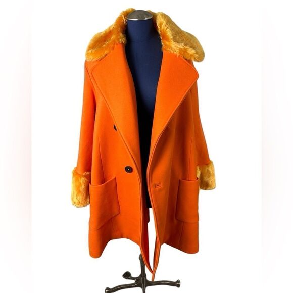 NWT Free People Roxy Wool Coat Fur Collar Trim Lined Oversized Orange Small - Picture 7 of 10